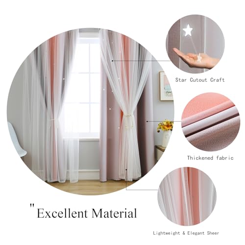 Image of indistar Dreamy Star Cutout Blackout Curtains with White Sheer,Double Layer Curtains for Girls Bedroom, Hollow Out Drapes for Nursery (2 Panel,52Wx84L,Pink Grey)