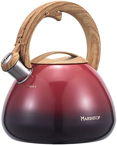 Whistling Tea Kettle for Stove Top Stainless Steel Tea Kettle Small Tea Pots 2.6 Quart with Wood Pattern Folding Handle(Red)