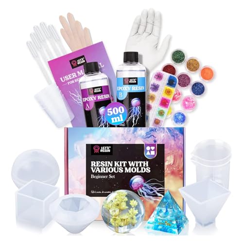 LET'S RESIN Epoxy Resin Kits for Beginners with Moulds, 500ml Epoxy Resin Crystal Clear Kit with Sphere, Cube, Pyramid, Square, Round Resin Moulds