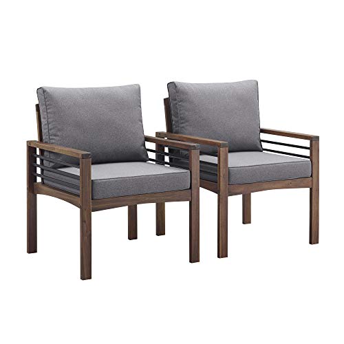 Walker Edison Modern Wood And Metal Outdoor Patio Chairs, Set Of 2 All Weather Backyard Conversation Garden Poolside Balcony, 26 Inch, Dark Brown And Grey #TOP2