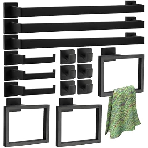 MUZIK 15 Pcs Bathroom Hardware Accessories Set, 23.6 Inch Bathroom Towel Bar Set, SUS 304 Stainless Steel Bathroom Hardware Towel Holder, Black Towel Racks for Bathroom Wall Mounted Cover