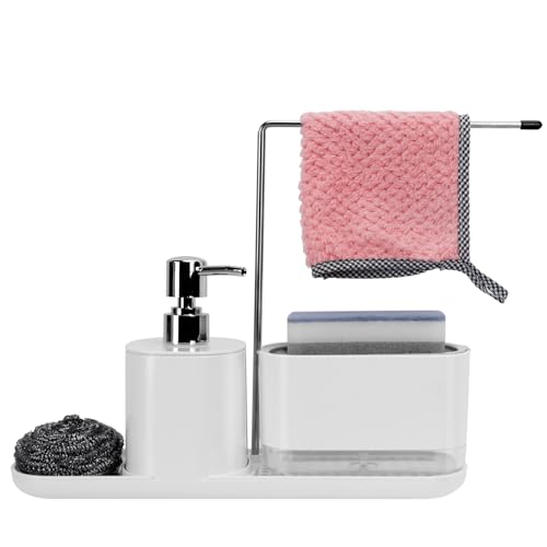 TOTSUN Sink Organiser, Kitchen Dishwashing Liquid Dispenser Set, Soap Dispenser Set, 3 in 1 Soap Dispenser Kitchen Sponge Holder, Sink Organiser for Kitchen Sink White