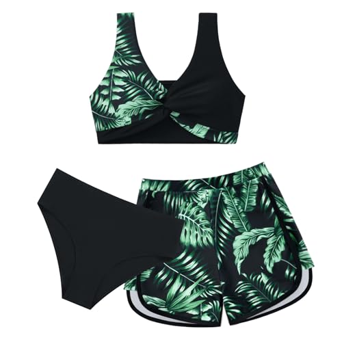 Image of Weixinbuy Girl's 3 Piece Swimsuit Teen Swimwear Tropical Print Twist Cross Bikini Bathing Suit with Cover Up Shorts Size 9-16