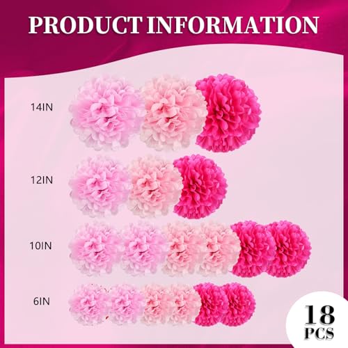 Image of 18 PCS Tissue Paper Pom Poms, Tissue Pom Poms Flowers, Sizes of 6 inch, 10 inch, 12 inch, 14 inch Hanging Paper Flower Ball for Wedding, Birthday, Gender Reveal, Baby Shower Valentine's Day Party Decor (Pink Set)