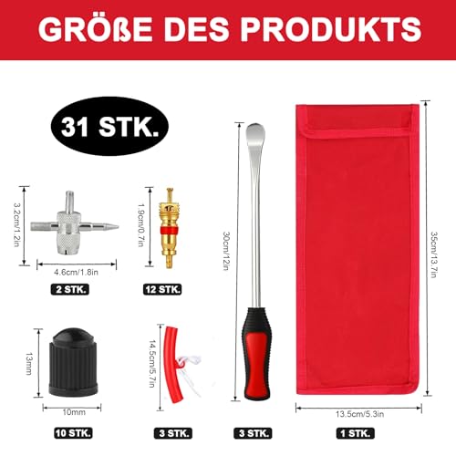Reifenheber, Reifenmontiergerät 31 Anzüge, Reifenmontierhebel mit Aufbewahrungstasche, Felgenschutz Tool Kit, Werkzeugsatz für Reifenventile und Ventilkappen, Für Motorrad Fahrrad Wagen Reifen
