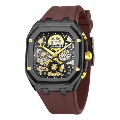 Image of Giordano Analog Quartz Watch for Men with Octagonal Skeleton Dial, Exposed Gear Design, Date Display and Silicone Strap - GZ-50221