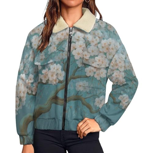 Manteau polaire femme fleurs bleu chaud zippé en sherpa isolant avec col teddy protecteur