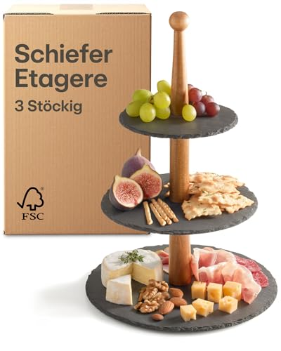 Praknu Etagere 3 Etagen aus Schiefer Schwarz - Servierständer aus FSC® Akazienholz - Vielseitig & Elegant - Für Dessert, Obst, Buffet, Frühstück