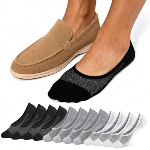 ZhiNuSi Mens No Show Socks for Loafers Sneakers Low Cut Invisible Cotton Socks Non Slip Casual Liner Footies Black White Grey 6 Pairs Size 10-13