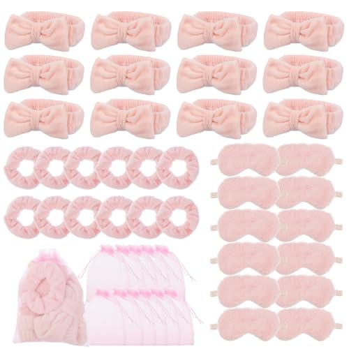 Juego de 48 suministros de fiesta de pijamas de spa para niñas, 12 diademas de spa rosas, 12 máscaras rosas para dormir, 12 coleteros de terciopelo rosa, 12 bolsas de organizador para fiesta de
