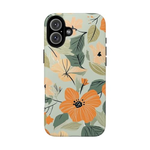 Coque iPhone 16 Plus rigide brillante avec motif floral orange et pêche ultra resistant