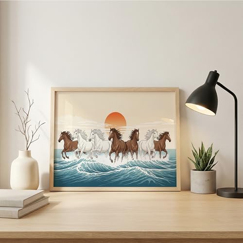 Image of Suneree 7 Horse Vastu Wall Painting - Modern Running Horses Ocean Sunset Framed Wall Art for Living Room Decor (Natural, Design 07, 10x13 Inch)