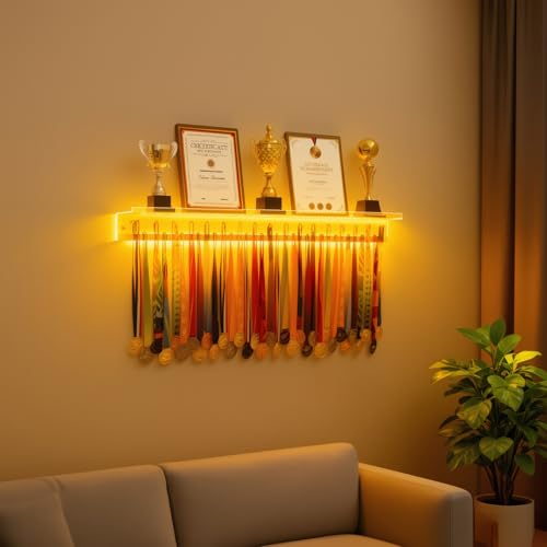 Image of 45.2 in Light up Acrylic Trophy and Medal Display Shelf Hanger for Wall | Sports Race Medal Rack Holder for Gymnastics、Running、Basketball、Football.Adjustable With 7 Led Colors and 3 Lighting Modes
