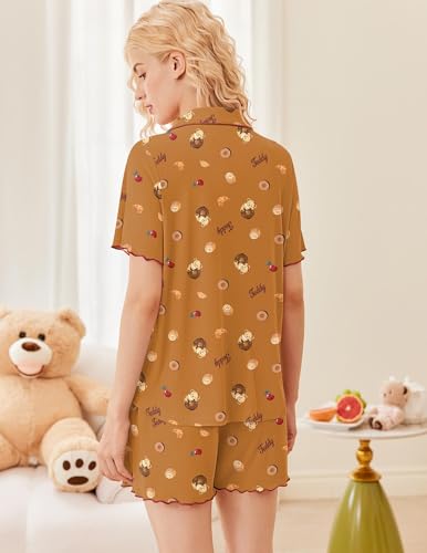 Image of Ekouaer Button Up Pajamas Set for Women Short Sleeve Ribbed Knit Sleepwear 2 Piece Pjs Shorts Set