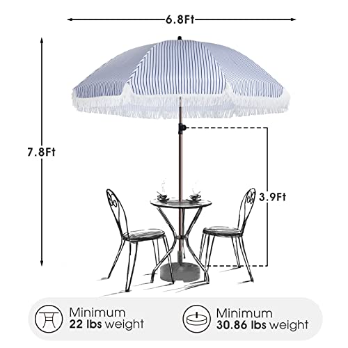 Funsite 7.5Ft Patio Beach Umbrella With Fringe, Tassel Umbrella Upf50+ With Push Botton Tilt & Crank, Holiday Outdoor Umbrella With Carry Bag Ideal For Garden, Lawn, Deck, Yard&Pool,Blue White Stripe #TOP1