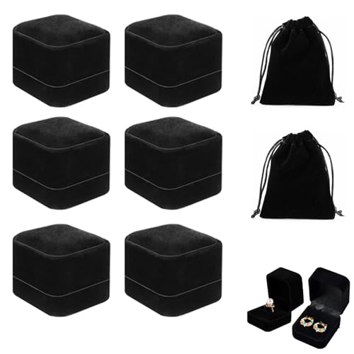 6 Piezas Caja Anillo Compromiso, Anillo de Joyería de Boda Estuche de Regalo, Con dos Bolsillos de Almacenamiento, Aplicar Para Bodas,Cumpleaños y Navidad(Negro)