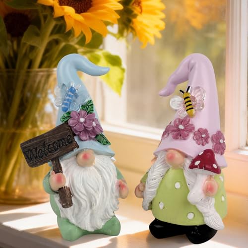 RNPKZ Wichtel Frühling Deko 2 Stück Frühling Wichtel Figuren Deko FrühlingWichtel Figuren aus Kunstharz für Terrassen Gärten und Rasen Geschenke Für Frauen & Mama (Willkommensschild und Pilze)