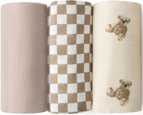 Image of Little Jump Muslin Swaddle Blanket Baby - 47" x 47" Large Cotton Swaddling Blanket Soft Neutral 3 Pack (Coffee Checkered & Khaki & Teddy Bear)