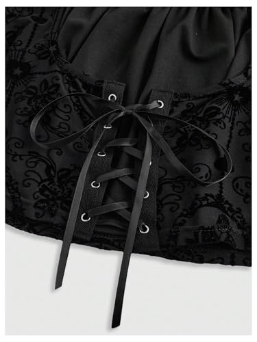 Verdusa Women's Gothic Clothes Flare Sleeve Tops Flower Pattern Velour Cross Lace-up Waist Crop Top3