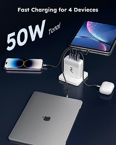 Amlink 50W USB C Charger - 4 Port GaN Fast Charger Block, Compact USB C Wall Charger with Foldable Plug, USB C Power Adapter for iPhone 15/14/13/12 Pro Max, MacBook Pro/Air, iPad, Galaxy, Note, etc.