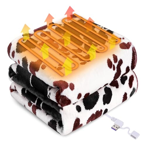 DecorSIXT USB Powered Electric Heated Cow Print Throw Blanket Portable USB Heating Blanket for Women 50' X 60' with 3 Heating Levels Not Wireless No Battery