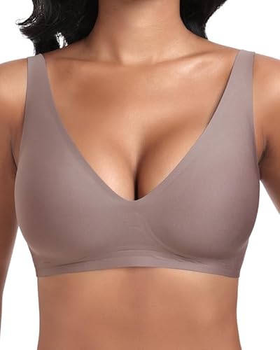 Jiuday Tiefer V Push Up BH ohne Bügel for Damen Bequemer BH für Große Brüste Starker Halt Seamless Soft Bra Bügelloser Gepolstert Nahtloser Glatter Bralette (Kaffee,M)