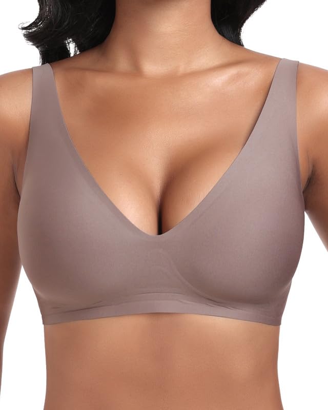 Jiuday Tiefer V Push Up BH ohne Bügel for Damen Bequemer BH für Große Brüste Starker Halt Seamless Soft Bra Bügelloser Gepolstert Nahtloser Glatter Bralette (Kaffee L)