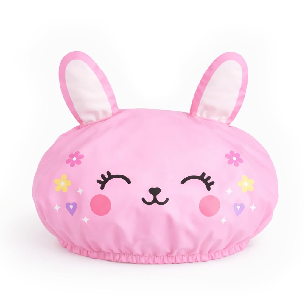 Kids Shower Cap for Kids & Toddlers, Cute Pink Bunny Shower Cap with Ears, Waterproof Reusable Hair Hat for Shower, Bath Time & Hair Washing