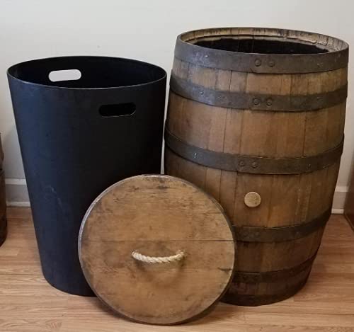 Aunt Molly's Barrels Whiskey Barrel Trash Can with Liner-Detached Lid with Rope Handle