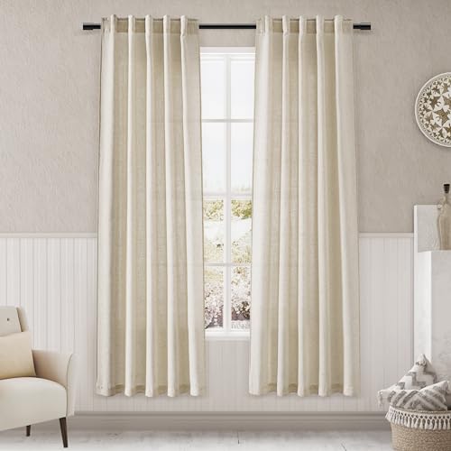 Image of Beige Semi Sheer Linen Curtains 72 inch Length for Living Room Back Tab Rod Pocket Modern Farmhouse Coastal Decor Beige Cotton Textured Gauze Curtains for Dining Room Office 38x72