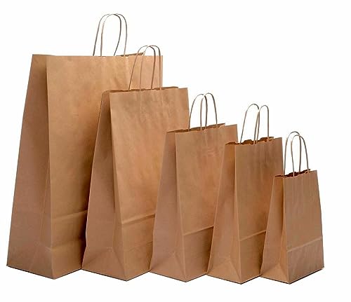 HOT BARGAINS 100 X Extra Large Paper Bag with Handle Brown Colour SOS Takeaway Round Handle Paper Carrier Bags Recyclable for Shopping Gift Bag (100 x Brown (XL) 32 x 21 x 33 cm)