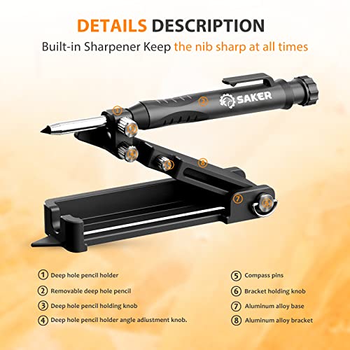 Saker Multifunktionales Anreißwerkzeug- Multifunktions Baustift- Konstruktionsbleistift- Zimmermannsbleistift, Anreißwerkzeug mit Tieflochstift, DIY Holzbearbeitungs-Anreißlehre Anreißer