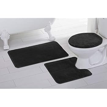Amazon De Elegant Home 3 Teiliges Badezimmerteppich Set Badteppich Kontur Matte Deckelbezug Rutschfest Gummi Unterseite Einfarbig Angela Schwarz