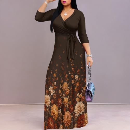 Image of Plus Size Maxi Dress for Women V Neck 3 /4 Sleeve Wrap Dress Brown 3XL | Brown Floral Women's Maxi Dress for Thanksgiving Birthday