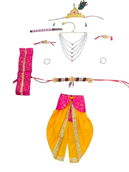 Image of Krishna Dress for Baby Boy Kids Janmashtami Costume | Dhoti & Patka Included, Mukut & Morpankh, Bansuri & Kamarband, Bajuband & Kundal, 8-Piece Set
