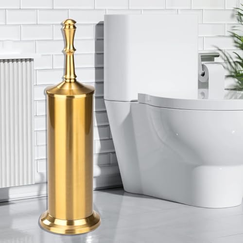 Image of J&V TEXTILES Industrial Toilet Brush, Toilet Bowl Brush with Extra Long Handle Durable Bristles Toilet Scrubber and Covered Holder for Toilet Brush Set (Aged Brass)