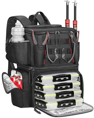 MATEIN Cooler Fishing Backpack with 4 Tackle Boxes, Water Resistant Tackle Backpack with Rod Holders & Safety Compass, Tray Bag Store Gear and Accessories, Mens Fishing Gifts
