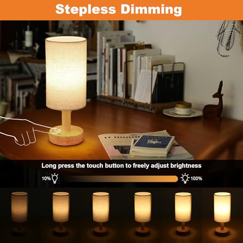 Image of Rechargeable Cordless Touch Table Lamp with Stepless Dimming,Natural Wood Base&Linen Shade,Small Battery Wireless Ambient Night Light for Bedroom,Bedside,Nightstand,Nursery,Kitchen,Camping,Outdoor