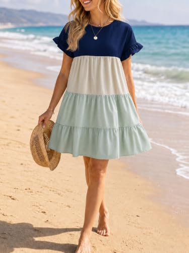 Image of Imysty Womens Boho Floral Ruffle Sleeve Babydoll Loose Flowy Casual Summer Pleated Mini Dress