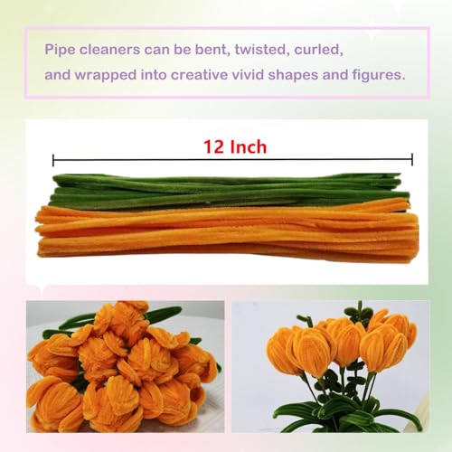 Image of Pipe Cleaner Set, 200 Pcs, with Floral Wires and Floral Tape, Chenille Stems for Tulip Bouquet Making, Kids DIY Craft Projects and Decorations (Orange+olivegreen kit)