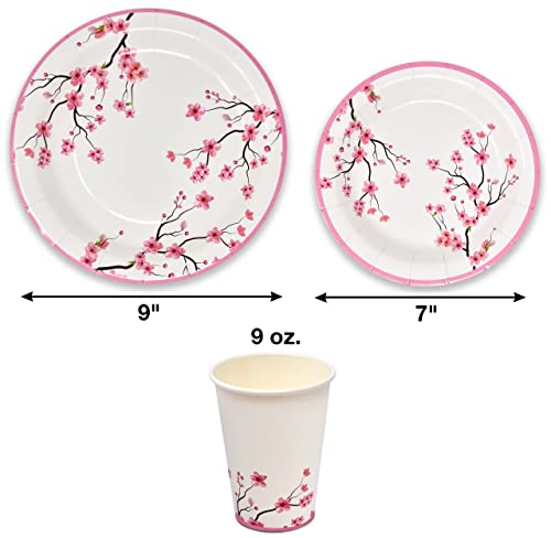 Floral Cherry Blossom Party Supplies Disposable Tableware Set 24 9" Dinner Plates 7" Paper Plate 24 9 Oz Cups 24 Lunch Napkin For Spring Pink Flowers Bridal & Baby Shower Wedding Tea Birthday Parties #TOP1