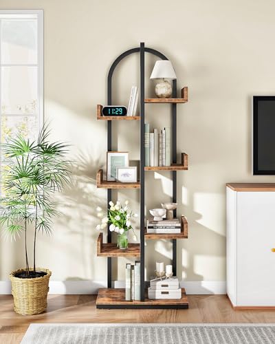 CHOEZON Corner Bookshelf, Curved 6-Tier Bookcase with Anti-Tip Kit, Adjustable Feet and Staggered Shelves for Living Room, Bedroom, Study, Office, Rustic Brown and Black TSJ06BF