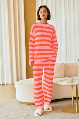 Image of SENSERISE Womens Striped Set Sweater Lounge Sets Matching Fall Outfits Long Sleeve Tops and Pants with Pockets