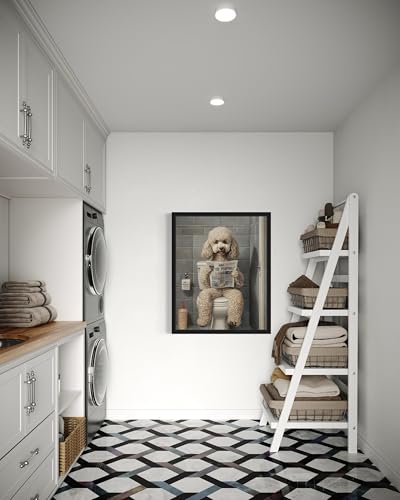 Image of Poodle White on Toilet Black Framed Wall Art Print Poster, Dog Bathroom Humor Decor Posters Prints for Restroom Home Picture Painting Artwork Gallery 7 (Poodle White, 10 inchL x 8 inchW, Black Frame)