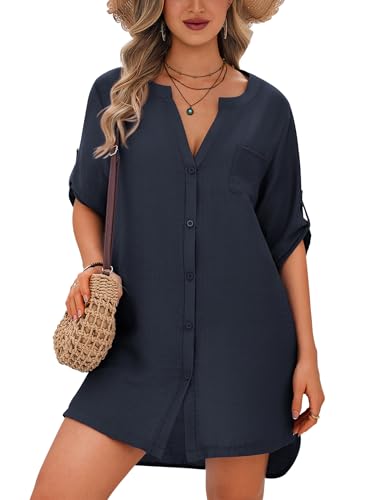 Image of Ekouaer Bathing Suit Cover Up for Women V Neck Button Down Swimsuit Coverup Beach Dress Shirt S-3XL