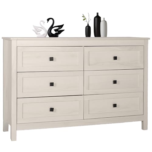 Image of CATMIX Farmhouse 6 Drawers Dresser, Wood Double Dresser Chest of Drawers Wide Storage Organizer Cabinet for Bedroom, Living Room, Rustic Beige