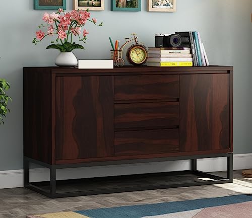Image of Solid Sheesham Wood Wooden Sideboard Storage Cabinet : Ideal for Living Room and Bedroom with 3 Drawers and 2-Shelf Storage (Ray, Walnut Finish)