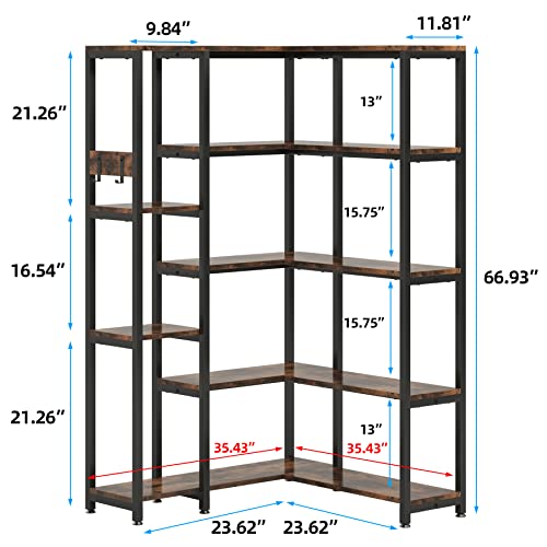 TIYASE 5-Shelf Corner Bookshelf, Modern Large Corner Etagere Bookcase, 5-Tier Tall Corner Shelf Display Storage Rack with Metal Frame for Living Room Home Office, Rustic Brown