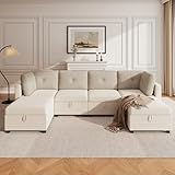 Modulares Sofa Couch Schlafsofa U-Form Ecksofa mit Stauraum Beige 6-Sitzer Garnitur Samt und Cord Design Modern Wohnlandschaft für Wohnzimmer Gästezimmer Bequem Stoffcouch