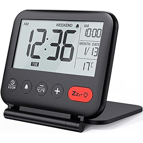 NOKLEAD Digital Travel Alarm Clock - Mini Portable LCD Display Clock with Backlight Calendar Temperature Snooze 12/24H Makeup Mirror, Small Folding Battery Operated Desk Clock for Kid Bedroom (Black) Cover